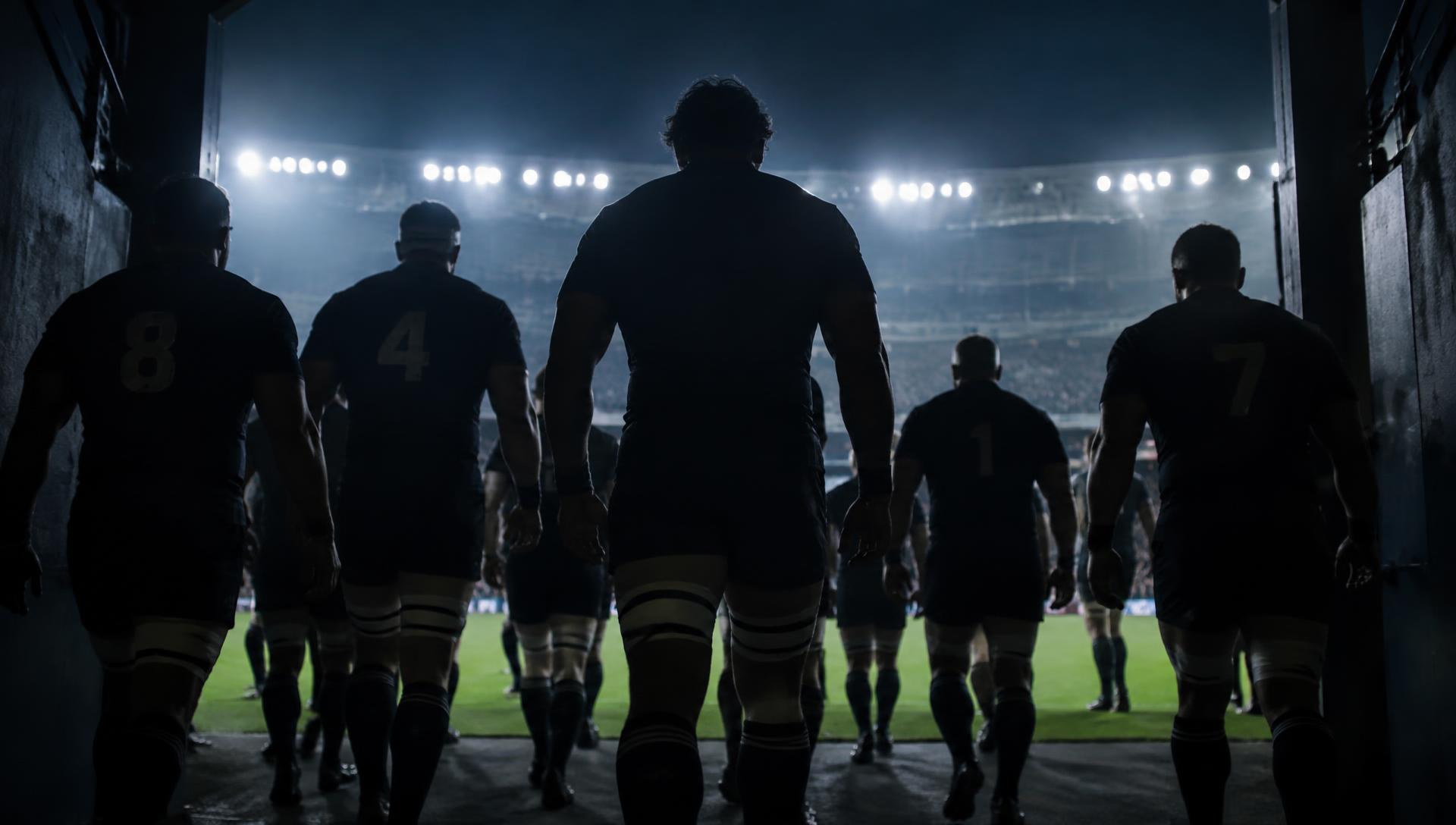 Rugby team walking out of the tunnel onto a floodlit pitch