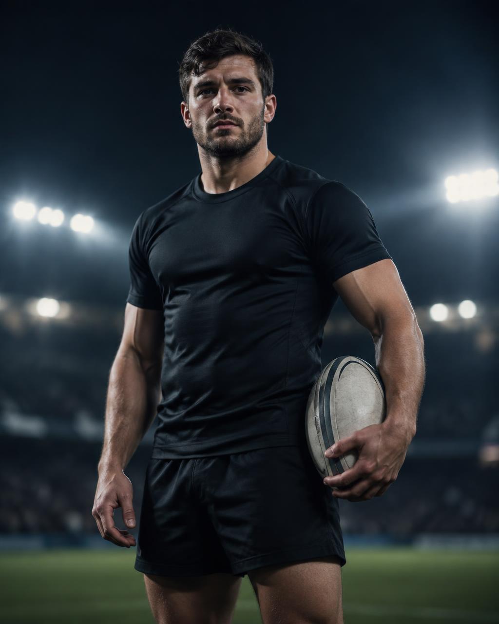 Rugby player holding a ball on a floodlit pitch